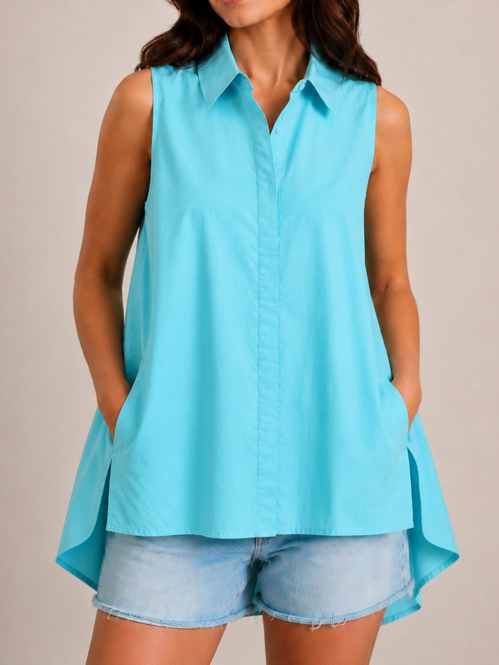Zac & Rachel Sleeveless High-Low Tunic Tank with Pockets Aqua Medium Lagenlook